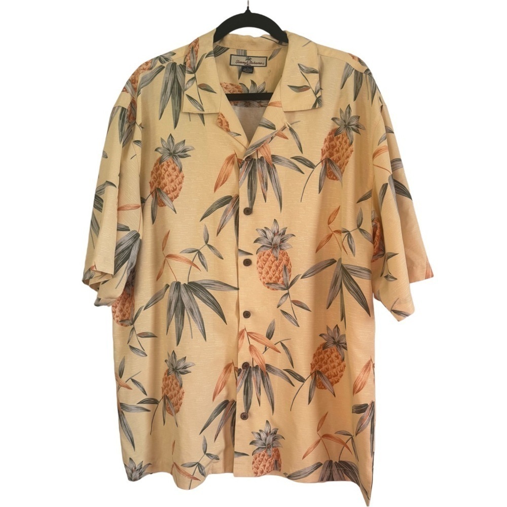 Tommy Bahama Silk Cream and Orange Tropical Pineapple Casual Button Down Shirt
